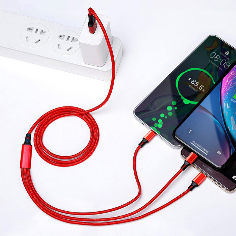 Dây cáp sạc 3 đầu đa năng 2A micro usb type c lightning 3 in 1 bọc dù dài 1m2