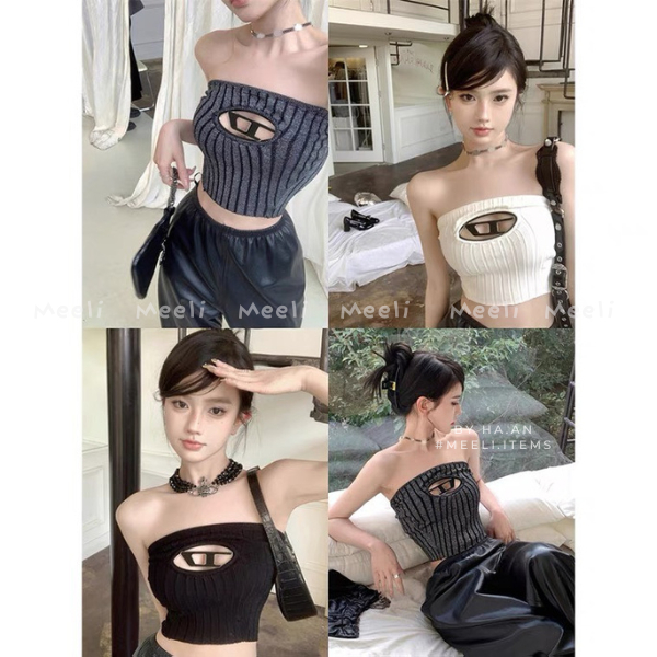 Lucie Top - Áo Quây Dệt Kim Hở Ngực Màu Trơn Khoét Lỗ Logo Chữ D Kim Loại