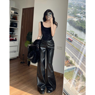 [ HÌNH THẬT ] Quần da ống rộng - Áo dạng corset mỏng