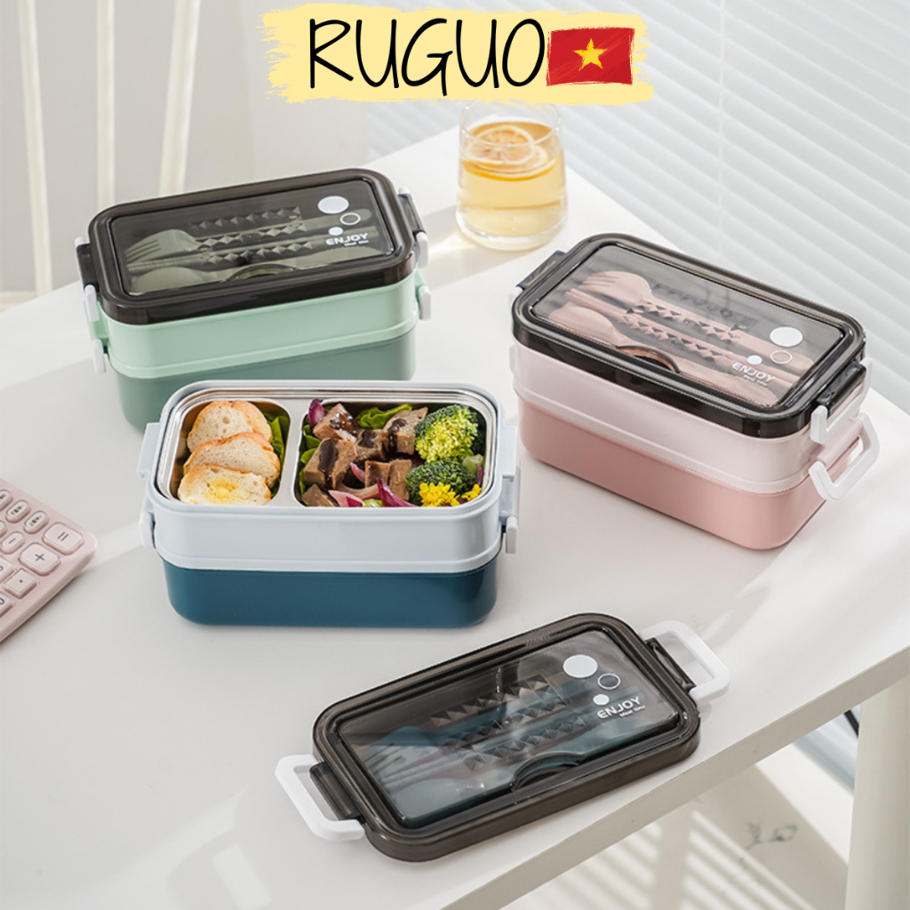 Hộp cơm giữ nhiệt văn phòng 2 tầng ruột inox 304, có cốc canh chống tràn Enjoy tặng kèm bộ đũa thìa