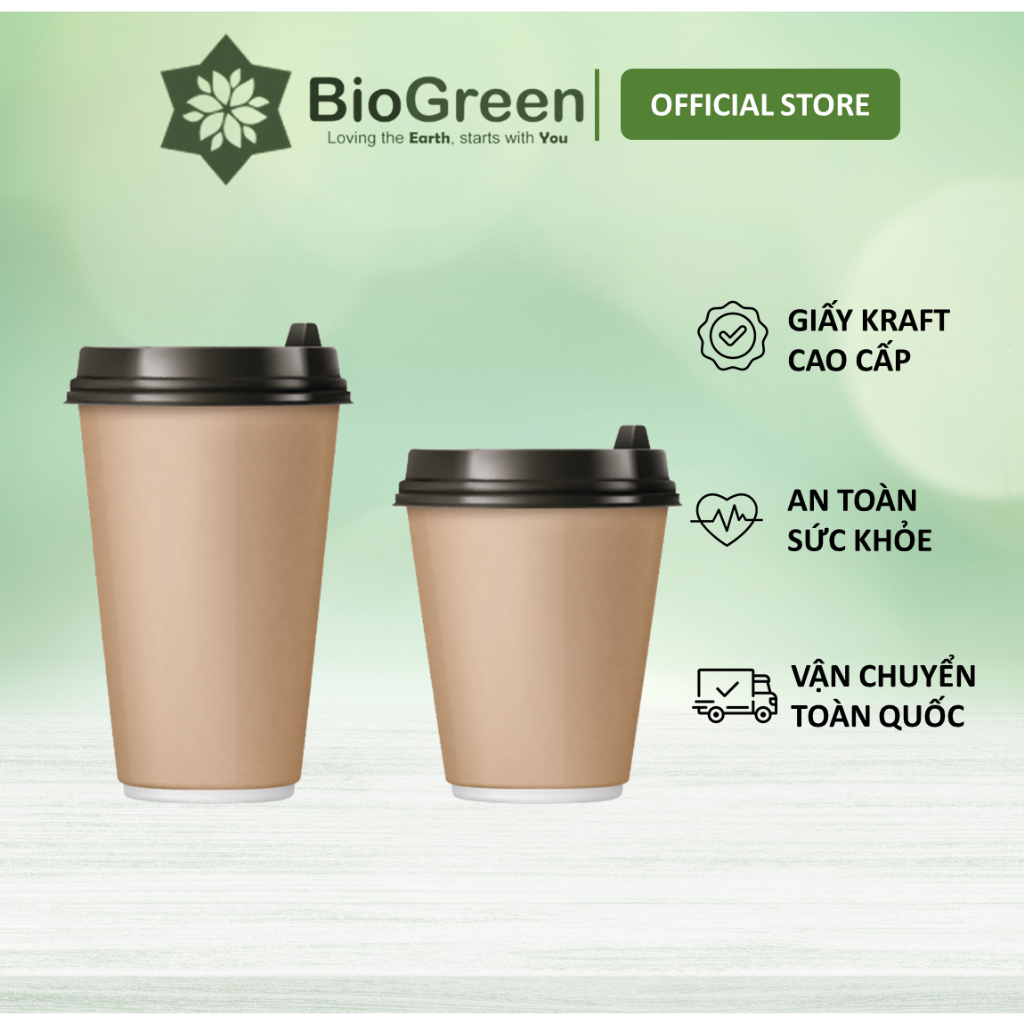 20 ly giấy kraft có nắp,2 lớp 1PE 260ml - 9oz, 360ml - 12oz, 500ml - 16oz chịu nhiệt dùng 1 lần