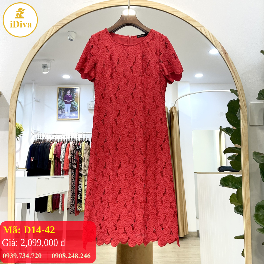 Đầm ren trung niên cao cấp iDiva D14-42, chất liệu ren thêu nổi 3D, dáng xòe bigsize phù hợp u50 dự tiệc sang trọng