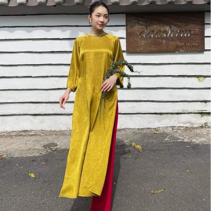 Áo dài dáng xuông gấm tơ in hoa cao cấp 2 tà cho các nàng xuống phố