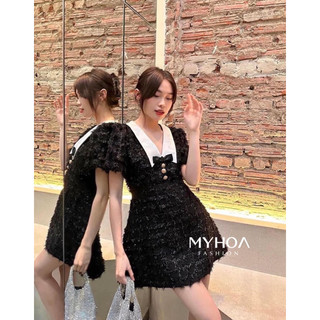 MYHOA| Váy Nữ Cộc Tay Lông Kim Tuyến Phối Cổ Trắng TKCC