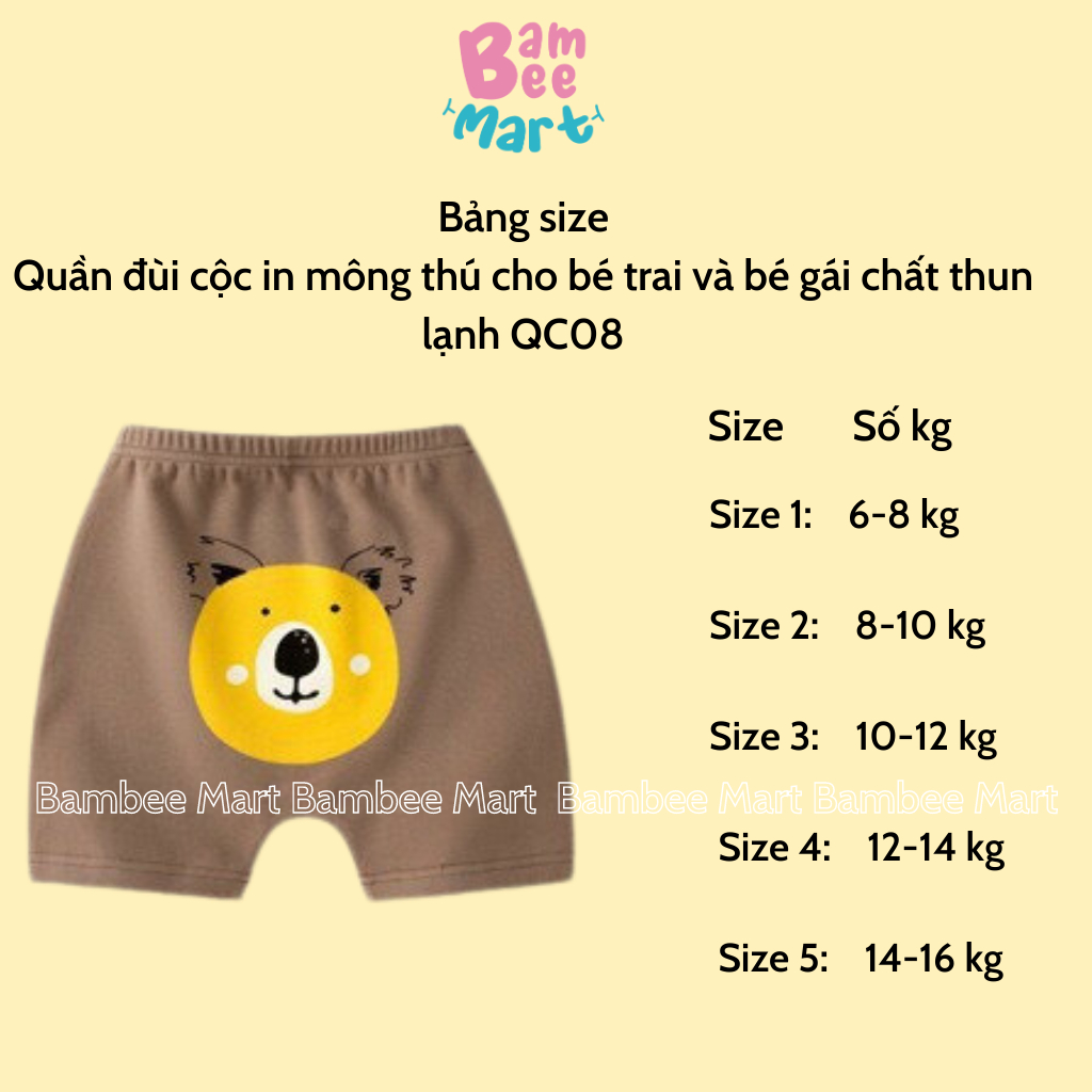 Quần cộc đùi cho bé trai bé gái chất thun lạnh in mông thú dễ thương QC04