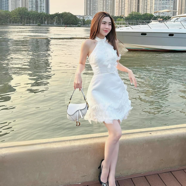 Váy đầm nữ cổ yếm dáng A ngắn đính tim thiết kế đi dự tiệc cưới sự kiện dạ hội thời trang nữ tính sang trọng LEVAN