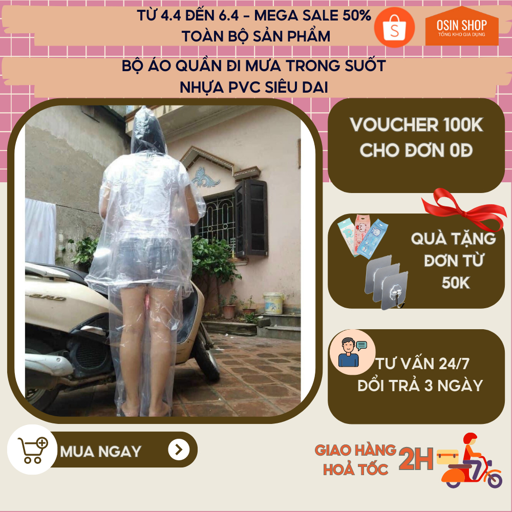 BỘ ÁO MƯA CÓ QUẦN ĐI MƯA TRONG SUỐT SIÊU DAI NHỰA PVC DÀY DAI OSIN
