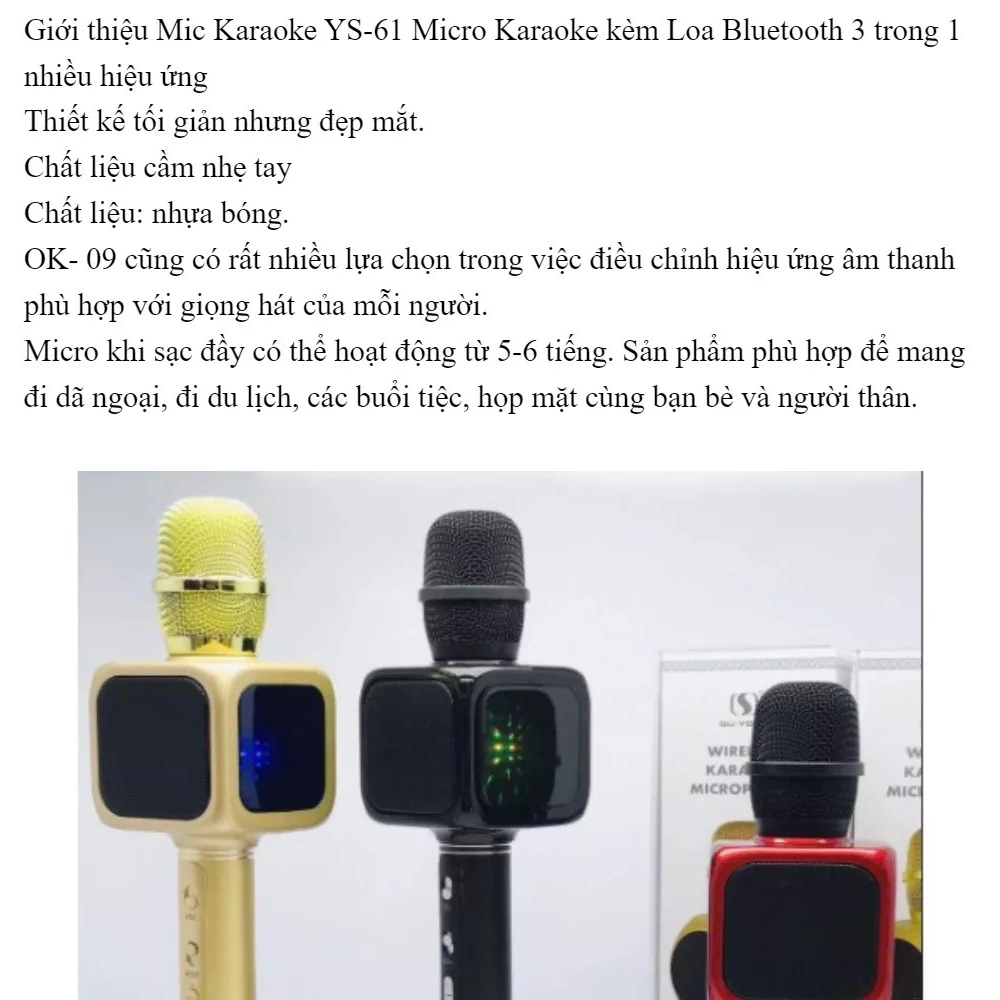 Micro karaoke bluetooth hát mic cầm tay GrownTech YS 61 kiêm loa nghe nhạc có đèn led bảo hành 24 tháng