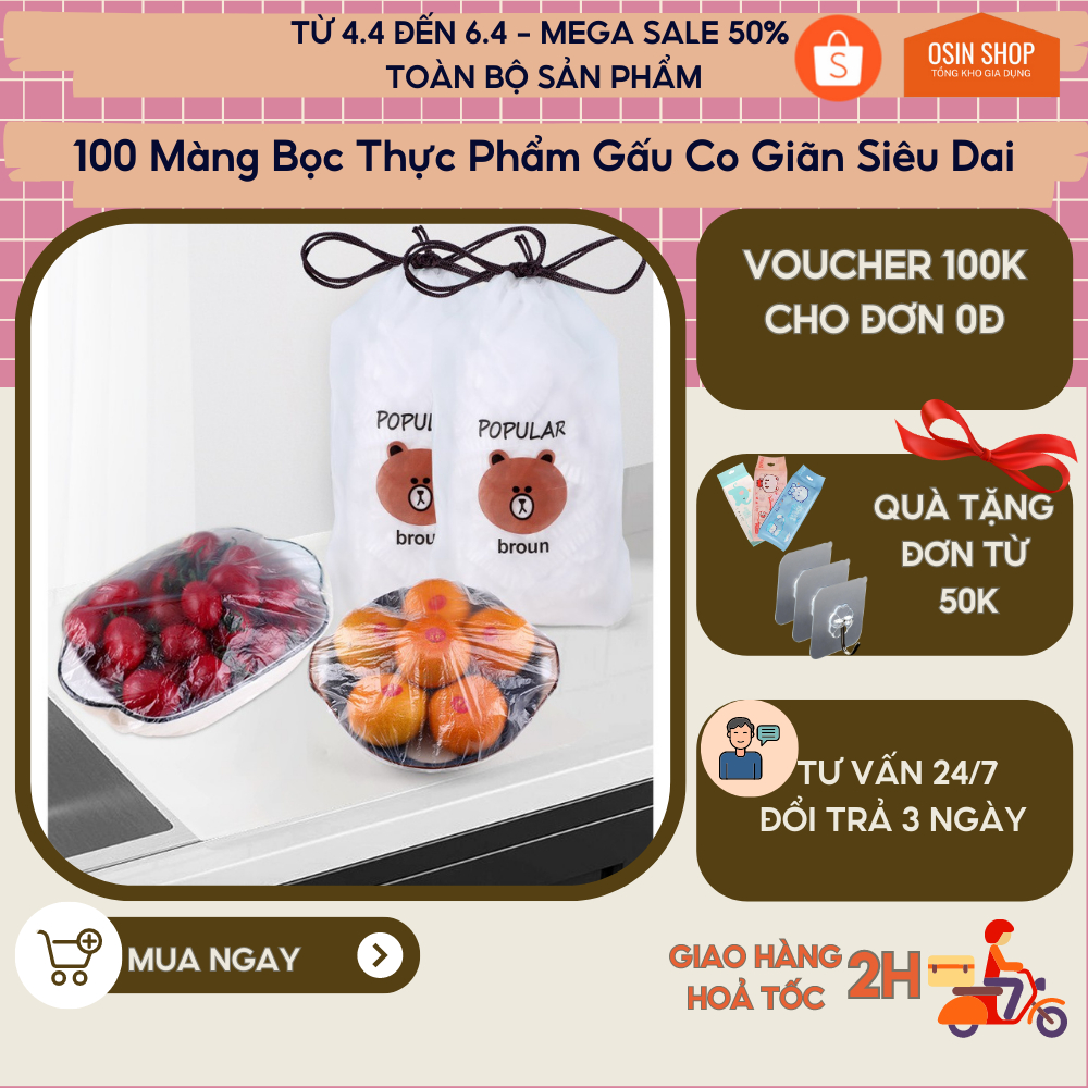 Set 100 Màng Bọc Thực Phẩm Gấu Co Giãn Siêu Dai, Túi bọc thực phẩm Có Chun Gia dụng OSIN