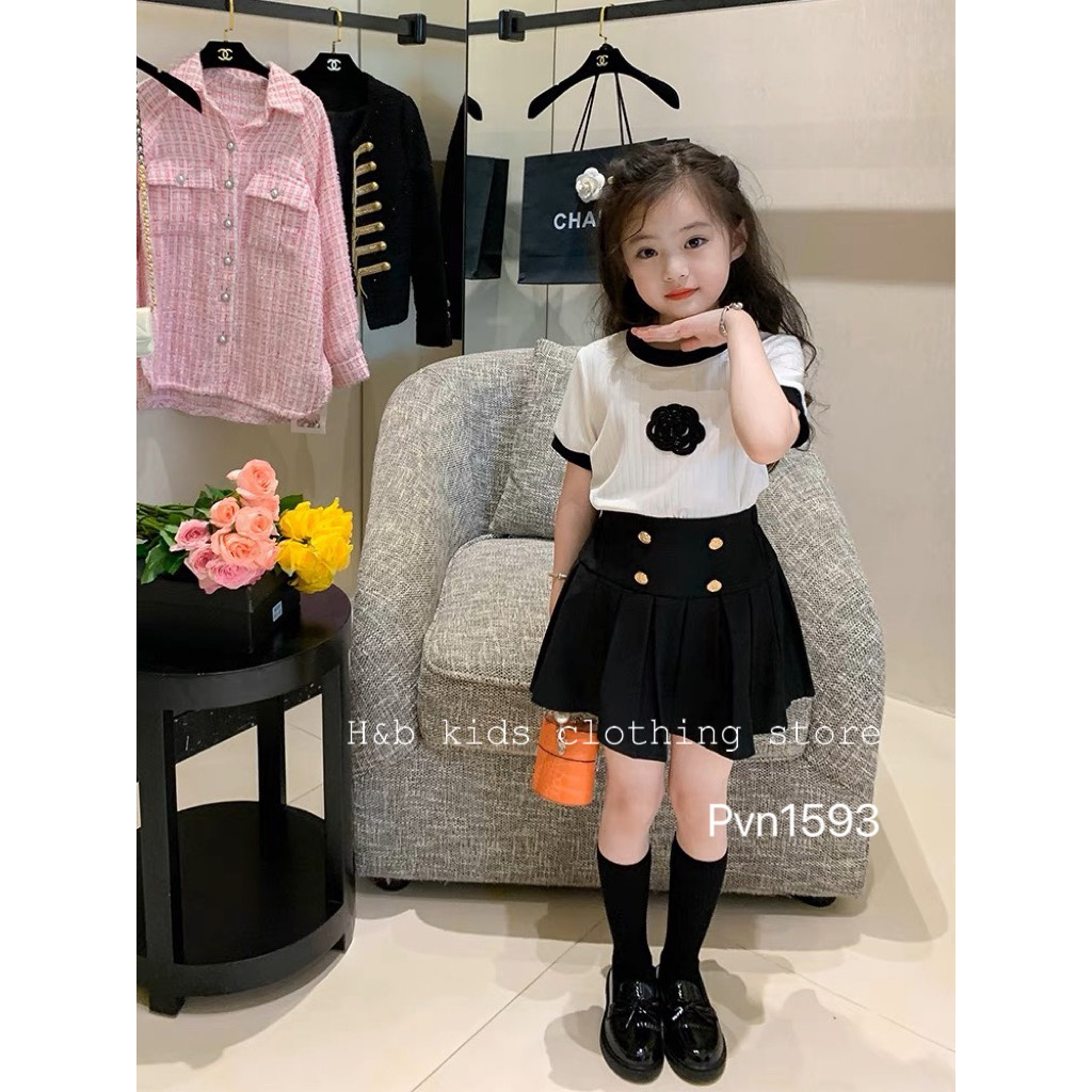 Váy cho bé gái , sét váy áo tăm hoa trà kèm CV dập ly 4 cúc sang chảnh cho bé gái