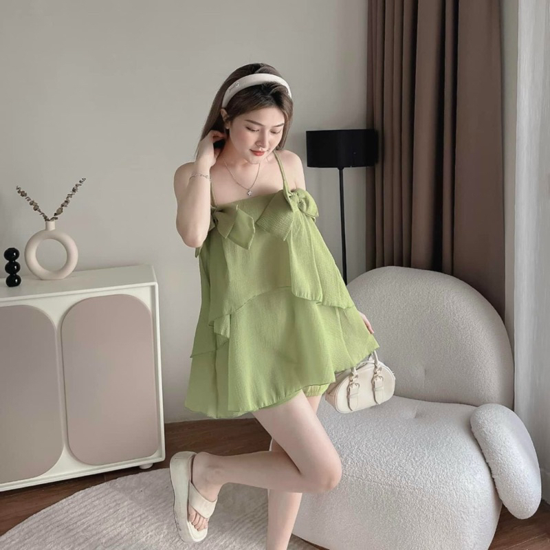SET ÁO 2 DÂY ĐÍNH NƠ TẦNG 2 KIỂU + QUẦN NGẮN