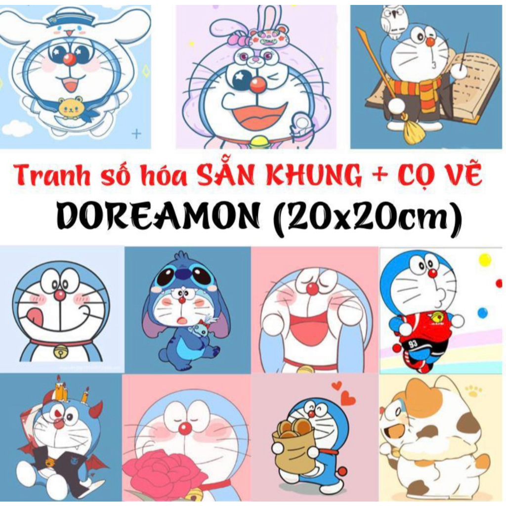 Tranh Tô Màu Số Hóa Doraemon Tranh Tô Màu Theo Số Kích Thước 20x20 Đã Căng Khung Kèm Màu, Cọ, Vít Treo Tường BY03