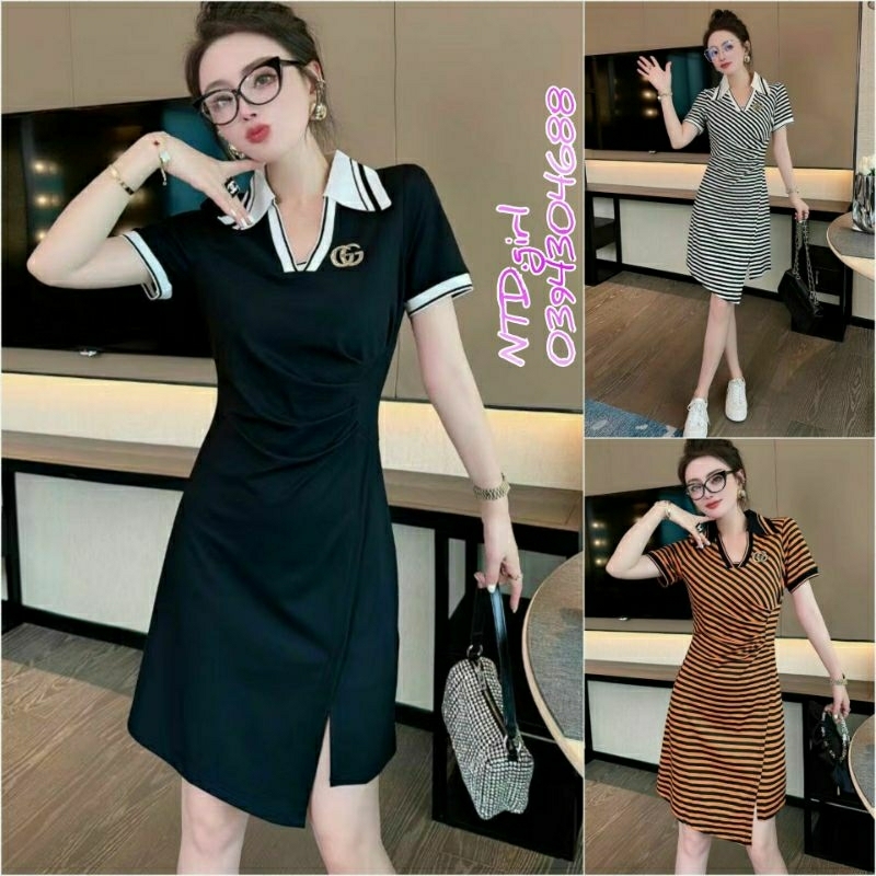 Hàng nhập - Đầm dáng ôm thun mịn mát eo nhún xẻ tà, váy body tay ngắn cổ polo