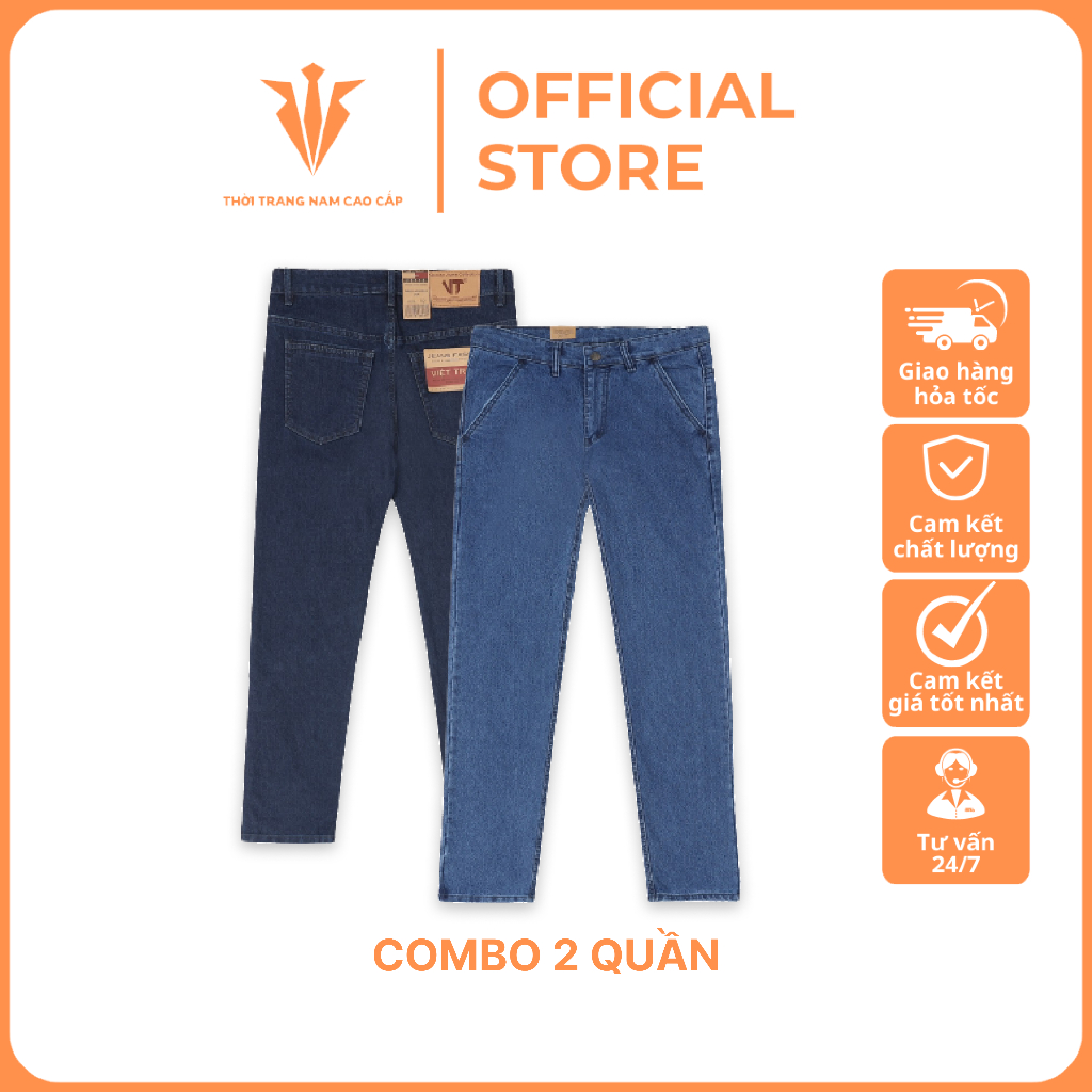 Combo 2 Quần Jeans Trung Niên Túi Chéo Cao Cấp - Quần Bò Nam Ống Đứng Kiểu Dáng Basic Lịch Sự Đứng Dáng