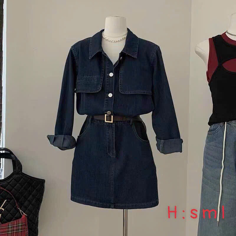 Jumpsuit váy jean tay dài phối bèo ngực hàng cao cấp