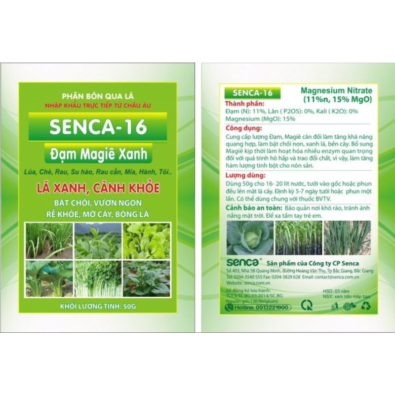 Phân bón Senca 16 ( Đạm, magie xanh cây gói 50gam)