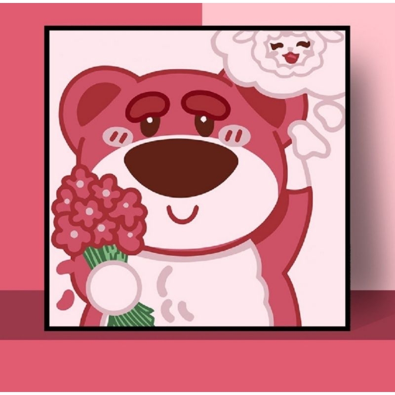 Bộ tranh đính đá thủ công tự làm gấu dâu lotso hồng 20x 20cm kèm khung tranh trang trí.