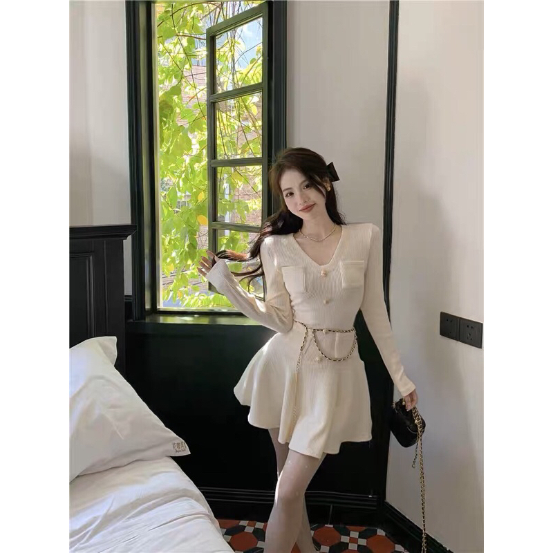 Đầm Len Tiểu Thư Dáng Đuôi Cá Phối Dây Thắt Lưng Sang Chảnh beechan store FREESHIP50K