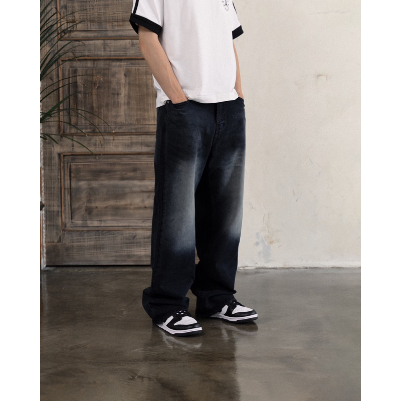 Wide Leg Baggy Jeans - Stone Black