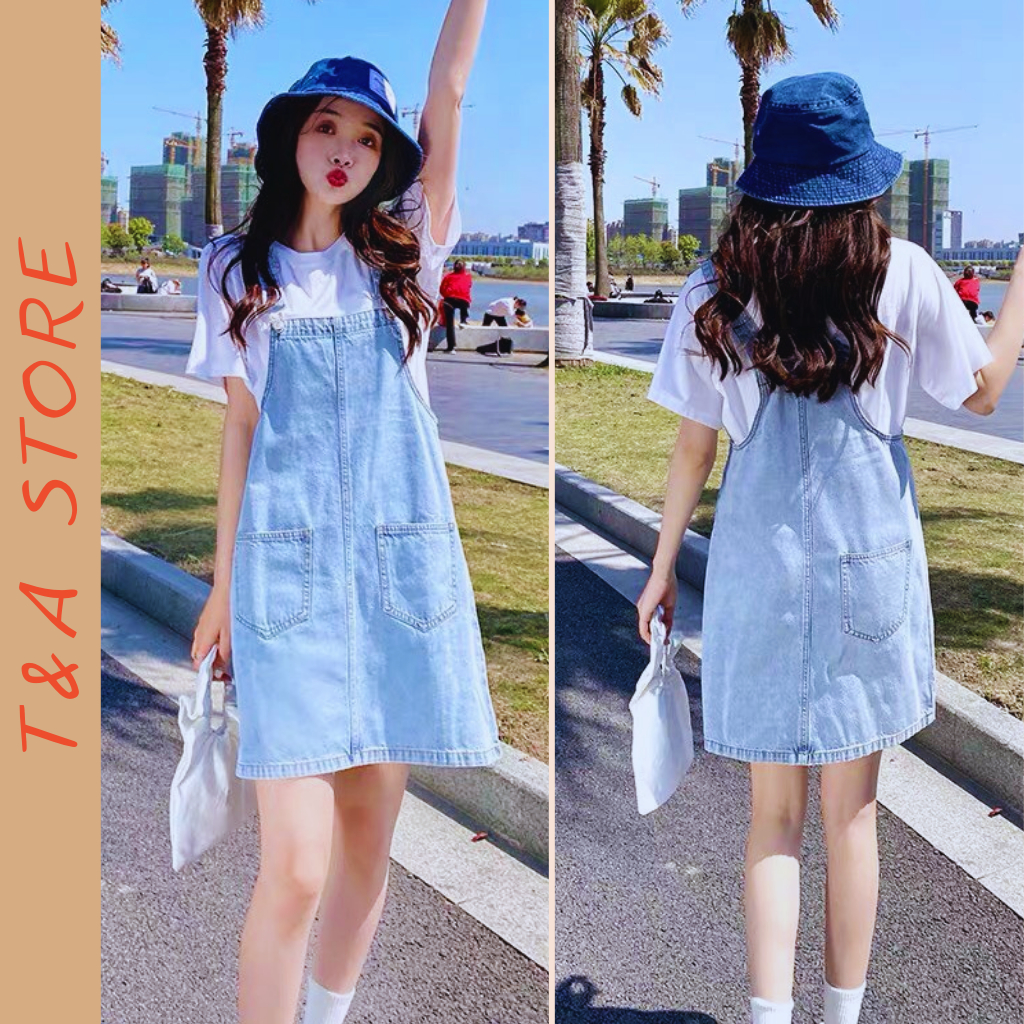 Váy yếm Jean hai dây rộng, Váy jean bò dạng yếm có hai túi trước quần yếm denim màu xanh phong cách Hàn Quốc trẻ trung
