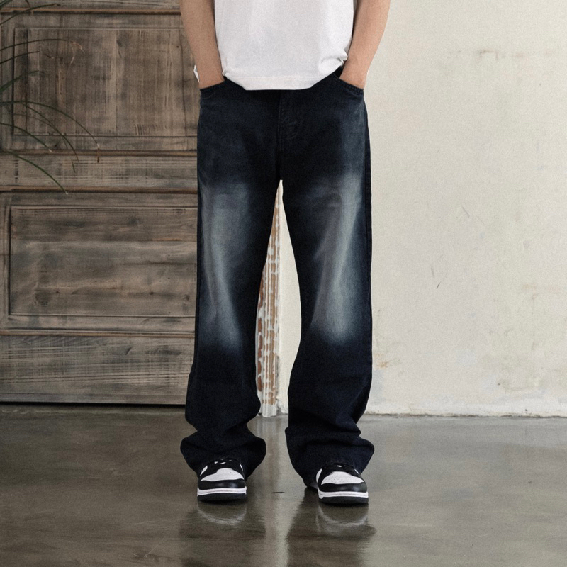 Wide Leg Baggy Jeans - Stone Black
