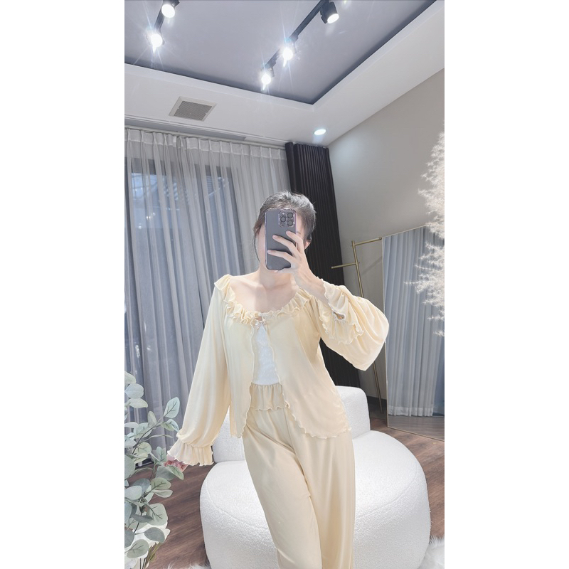 Set 3 món mặc nhà thun lưới dáng áo bra, quần bo gấu xinh xắn | BigBuy360 - bigbuy360.vn