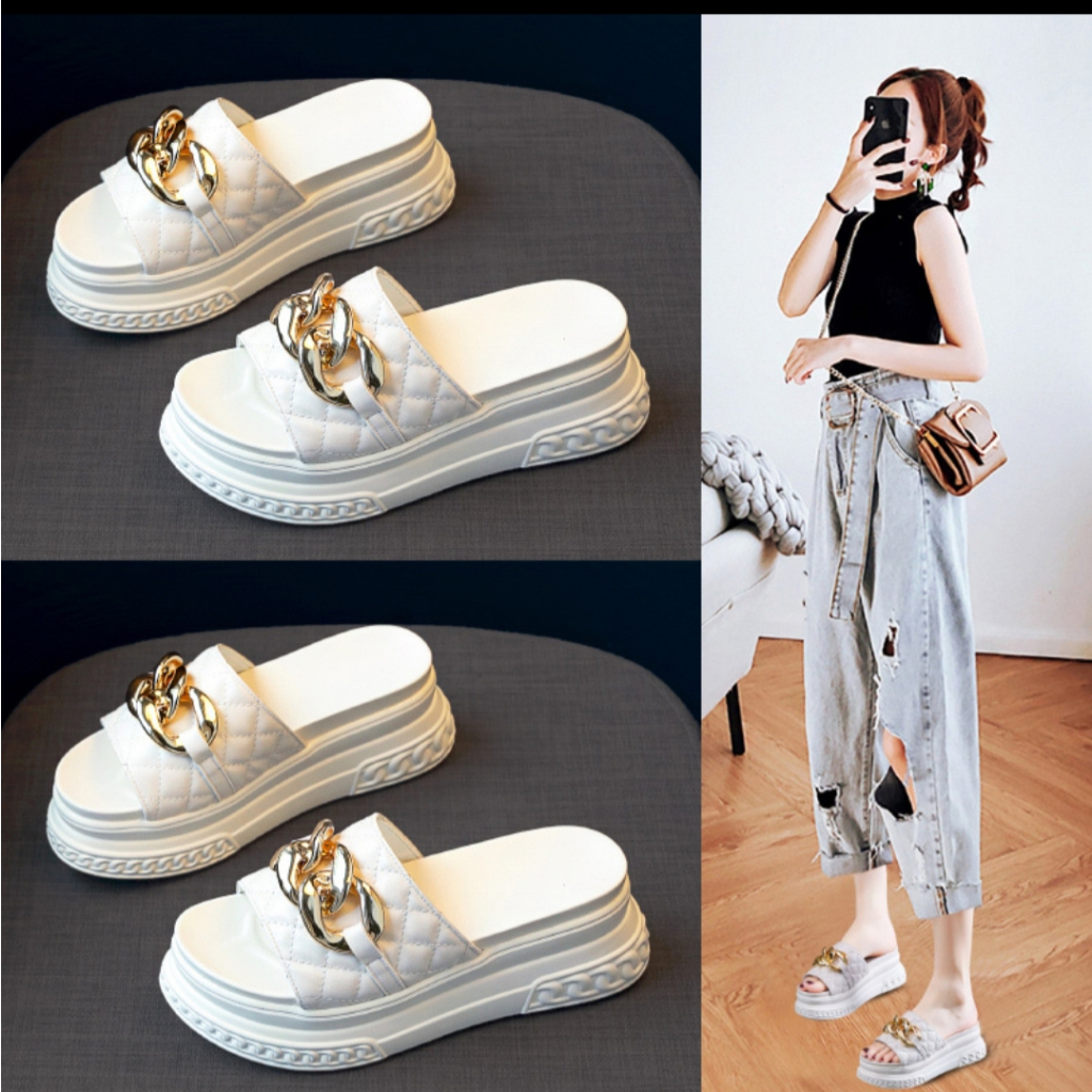 Dép Bánh Mì Nữ Quai Ngang Đế Cao Siêu Nhẹ Phối Xích To Siêu Sang