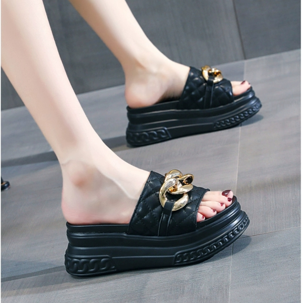 Dép Nữ Quai Ngang Đế Bánh Mì Cao Siêu Nhẹ Êm Chân Da Ô Mềm Xích To Sang Chảnh