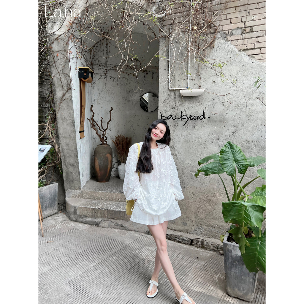 Set áo quần thiết kế La.na áo trắng tiểu thư dài tay nữ tính chất liệu thô cotton - SV999