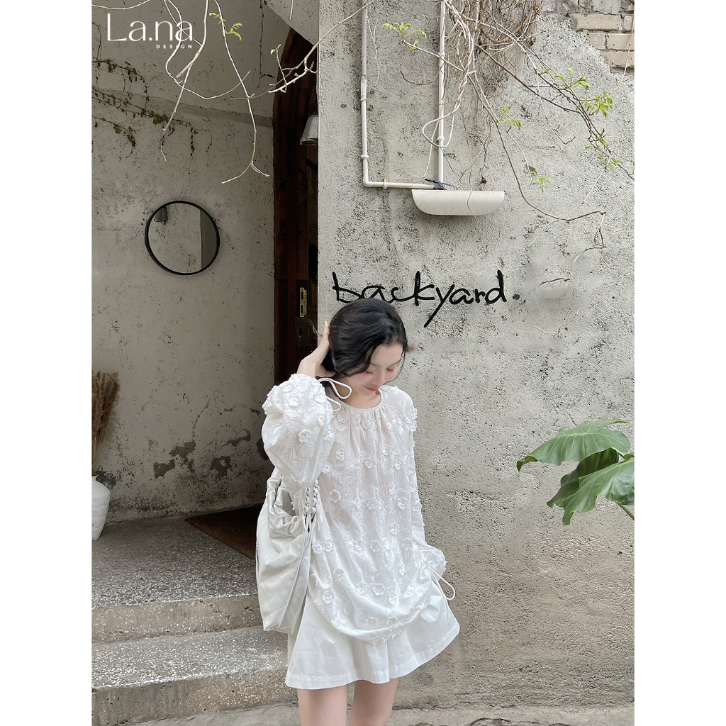 Set áo quần thiết kế La.na áo trắng tiểu thư dài tay nữ tính chất liệu thô cotton - SV999