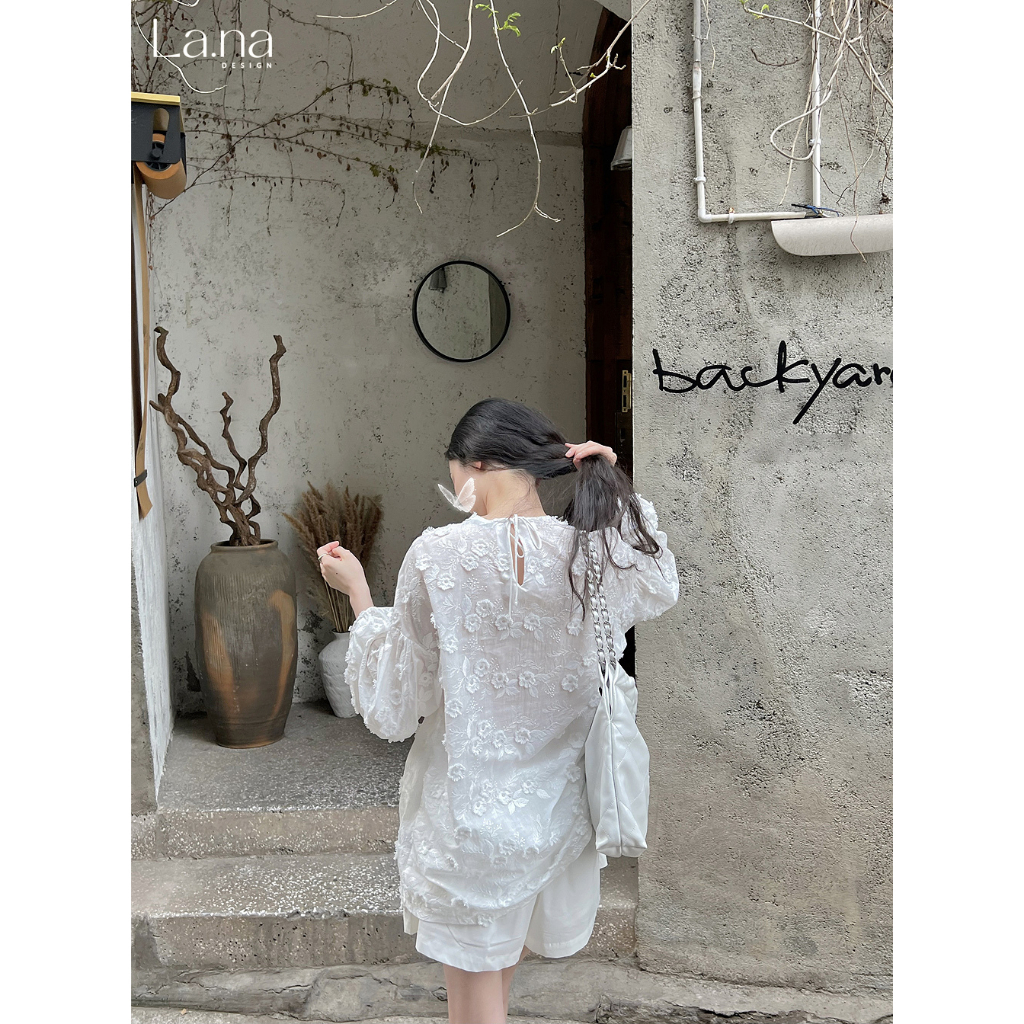 Set áo quần thiết kế La.na áo trắng tiểu thư dài tay nữ tính chất liệu thô cotton - SV999