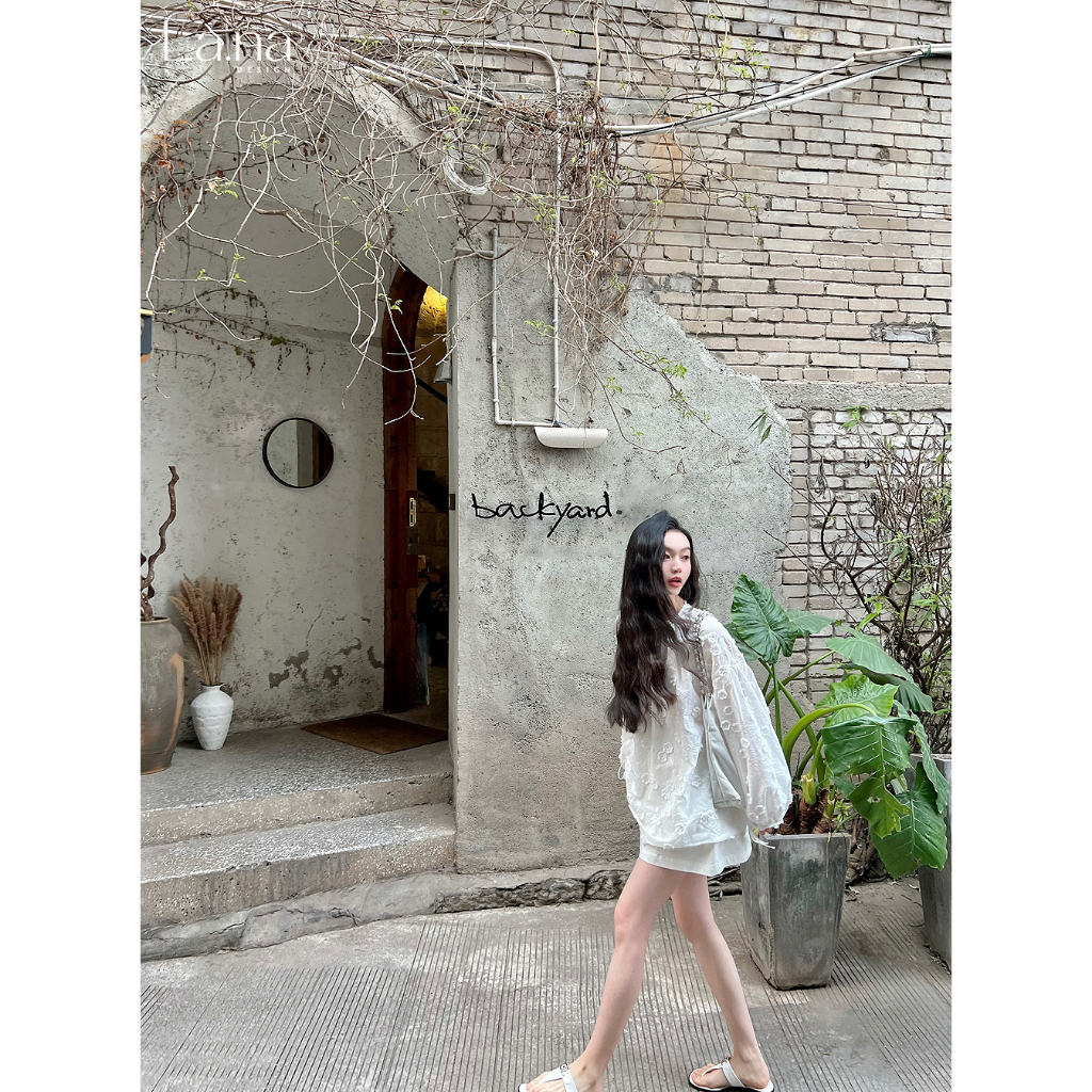 Set áo quần thiết kế La.na áo trắng tiểu thư dài tay nữ tính chất liệu thô cotton - SV999