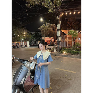Đầm jean cổ sen buộc nơ dáng suông