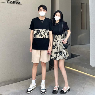 Set áo váy cổ tàu đen phối họa tiết hoa