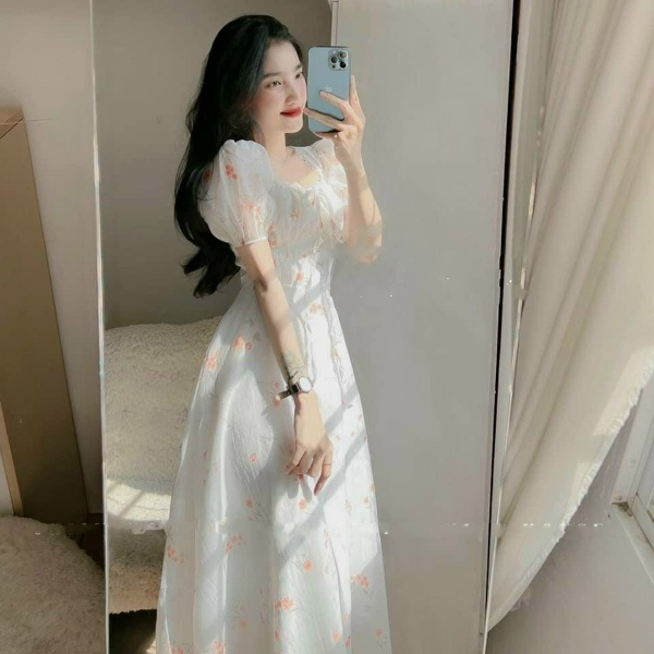 ĐẦM NỮ CỔ VUÔNG TAY BỒNG NGỰC XẾP LY DÁNG XÈO DÀI CHẤT VOAN HOA PHỐI REN T754 - YADO