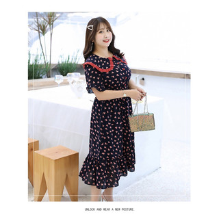 Đầm maxi big size vải màu đen cổ sen bèo in trái tim hồng 65-105kg