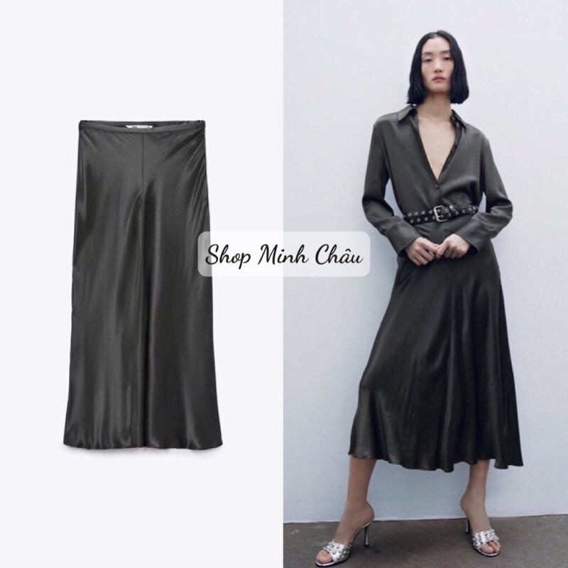 (Sẵn)Chân váy lụa midi mầu xám Zarra dư sịn