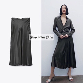Chân váy lụa midi mầu xám Zarra dư sịn
