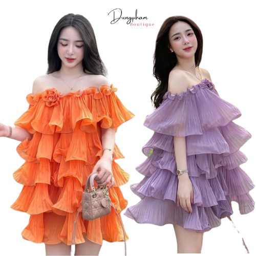 Váy tơ trễ vai dập ly nhiều tầng kèm hoa trà hàng Quảng Châu - Anna.Store