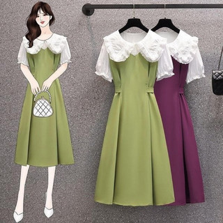 Đầm vải maxi xanh cổ sen trắng big size lớn 65-85kg
