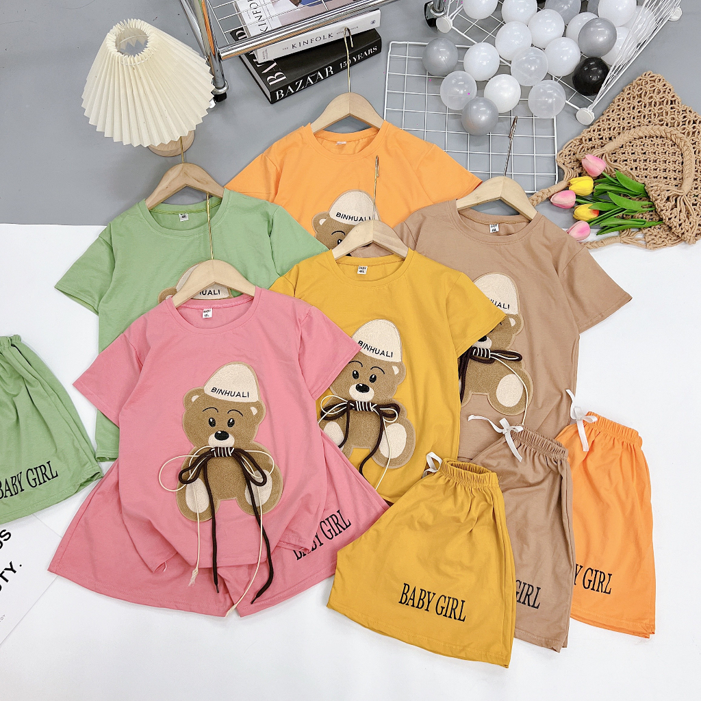 Bộ cộc tay gấu thêu mùa hè size nhỡ cho bé gái 21-35kg