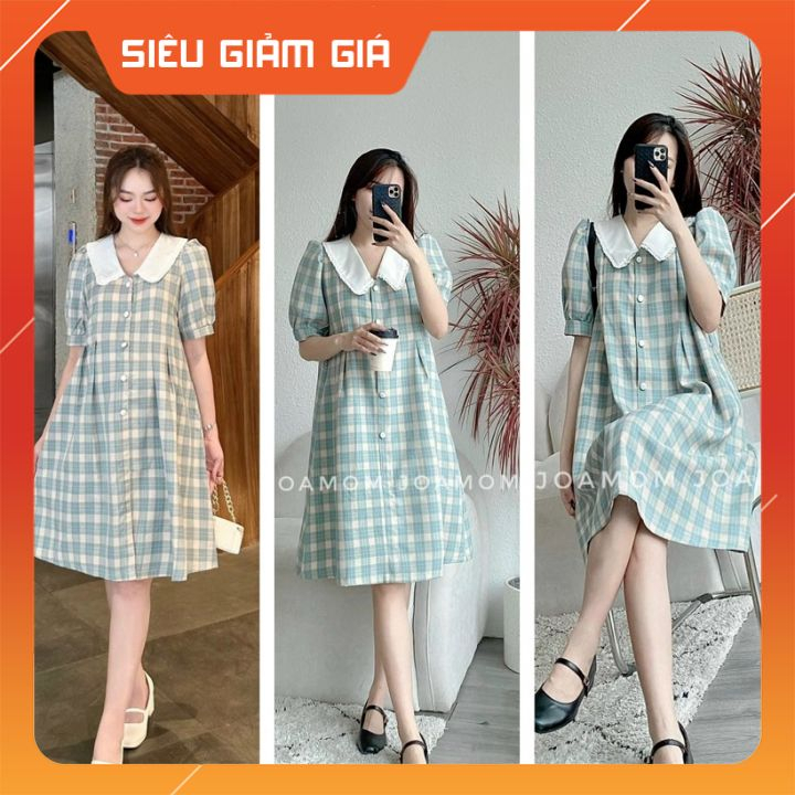 VÁY BẦU CÔNG SỞ MÙA HÈ HỌA TIẾT KẺ CARO CỔ SEN ĐIỆU ĐÀ - ĐẦM BẦU TIỂU THƯ DÁNG SUÔNG ĐẸP