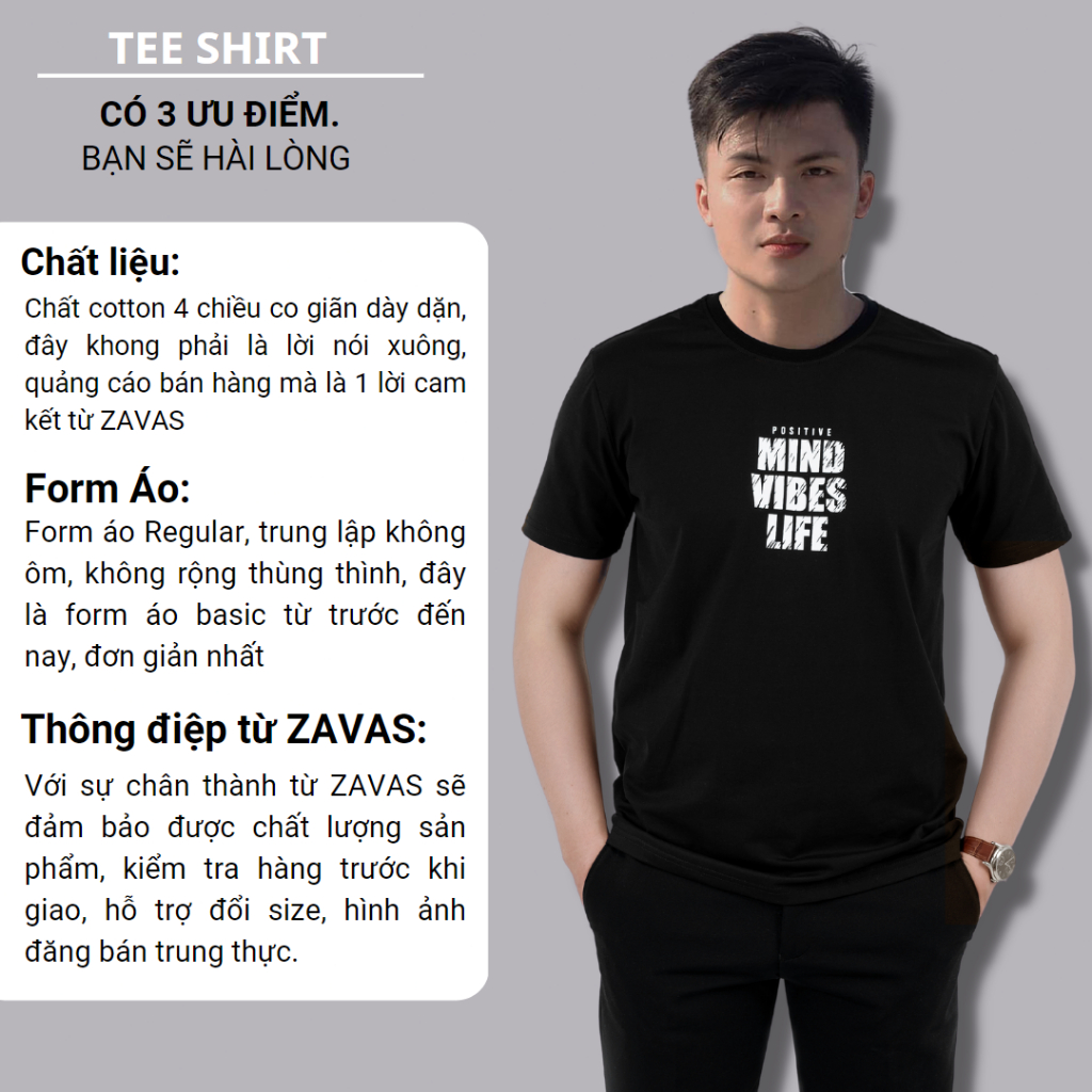 Áo thun nam ZAVAS cổ tròn vải Cotton 4 chiều dày dặn, mát mẻ, co giãn tốt, form regular tiêu chuẩn thoải mái, Combo 2 áo