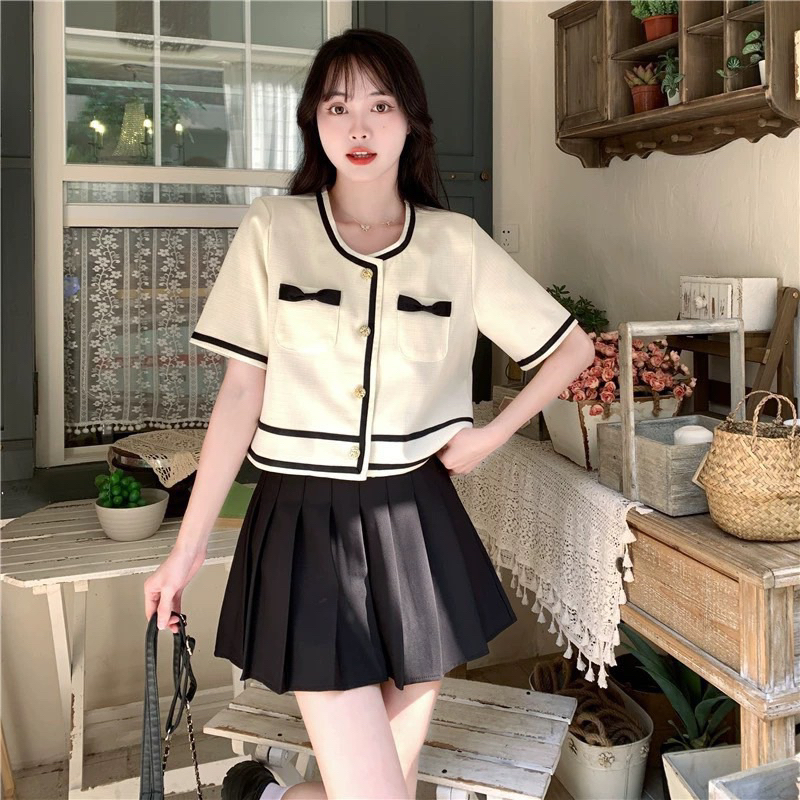 Áo tiểu thư tay ngắn ,Áo kiểu dáng lỡ cộc tay pha viền 2 nơ ngang ngực cách điệu Dumi Clothing