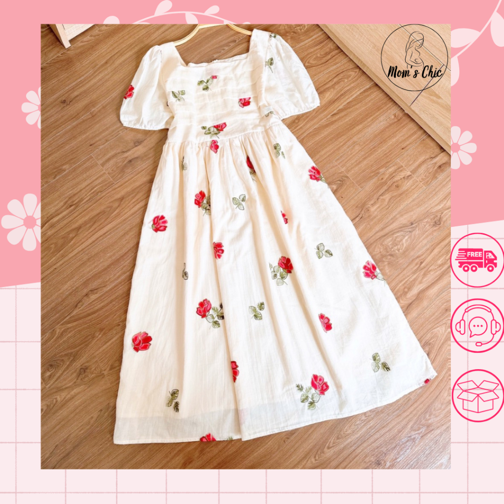 Váy bầu, đầm bầu thiết kế Mami cổ vuông chất liệu thô thêu hình hoa hồng sang chảnh đi chơi, du lịch, công sở size 40-80