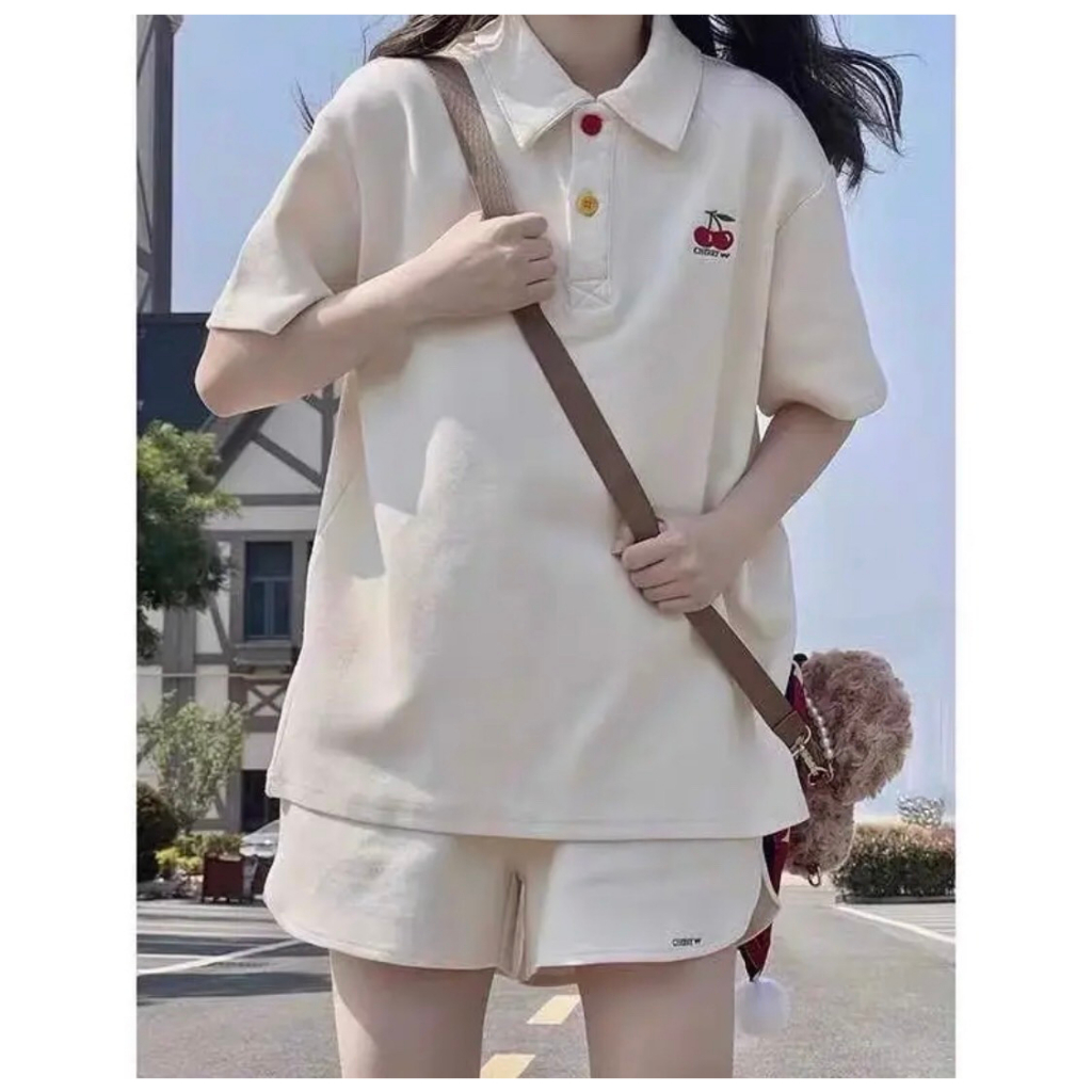 Bộ đồ cherry kem thun có cổ đi học, đi chơi thời trang dễ thương AO10