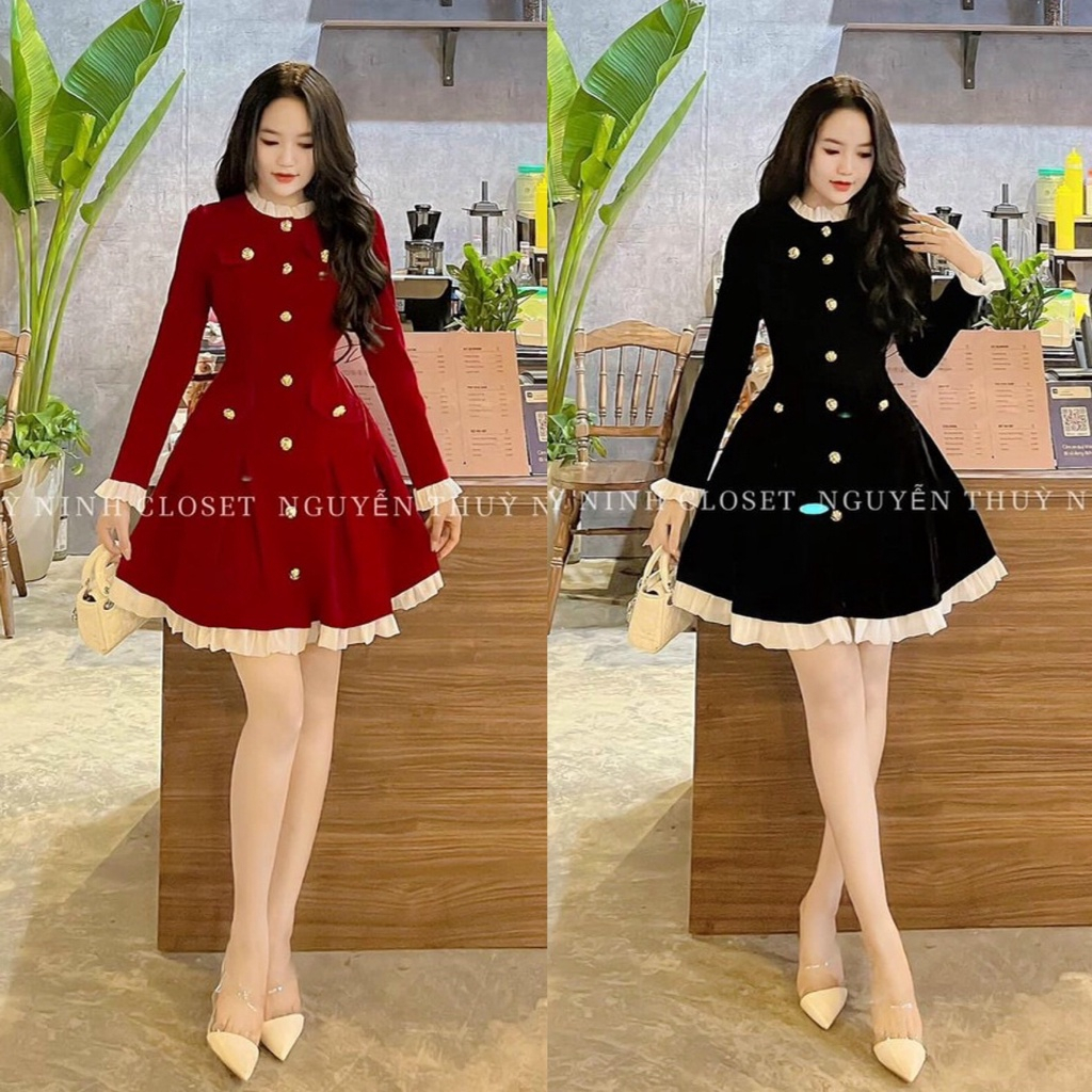 Váy Đầm Nữ Chất Liệu Nhung Cứng Dáng Xoè Đính Cúc Tay Dài Chạy Viền Bèo Thiết Kế Sang Chảnh Đi Làm Công Sở, Du Lịch 101