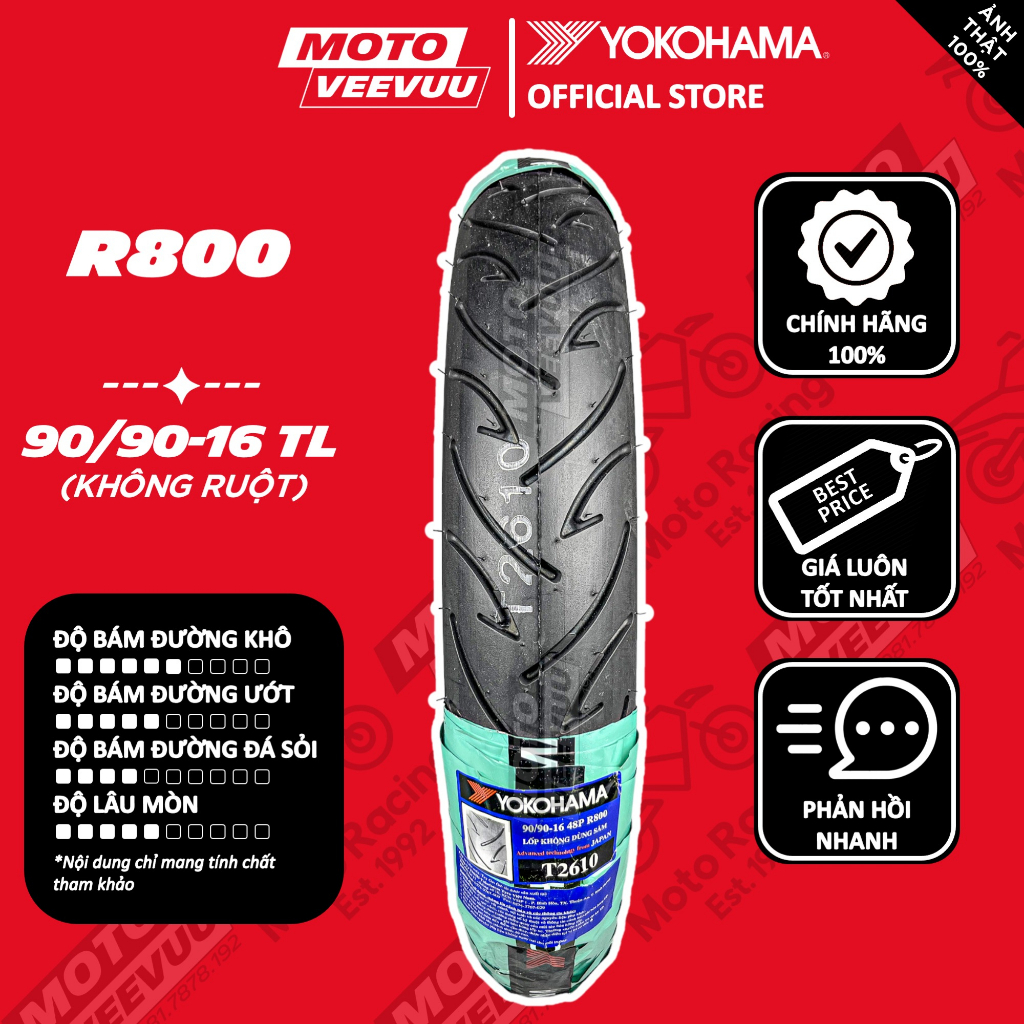 Vỏ lốp xe máy YOKOHAMA 90/90-16 TL R800 Ninja (Lốp không ruột)