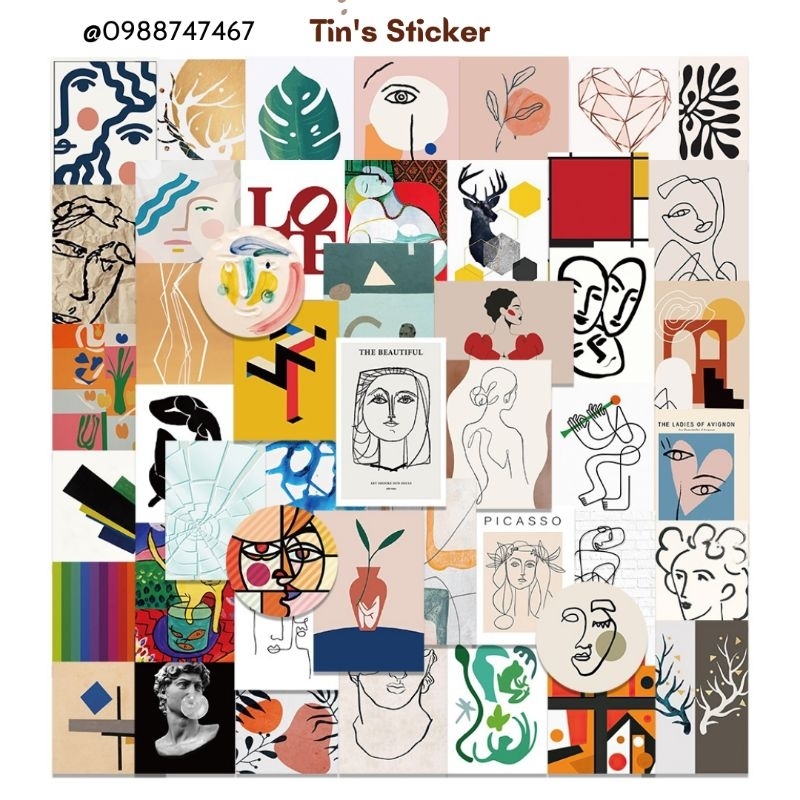 Combo 60 miếng dán sticker retro vintage mỹ thuật nghệ thuật dán nón mũ bảo hiểm laptop vali sổ tay đàn guitar