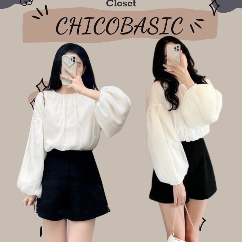 Set áo tơ hai lớp tay bồng kèm quần short đen cạp cao phong cách tiểu thư hàn quốc